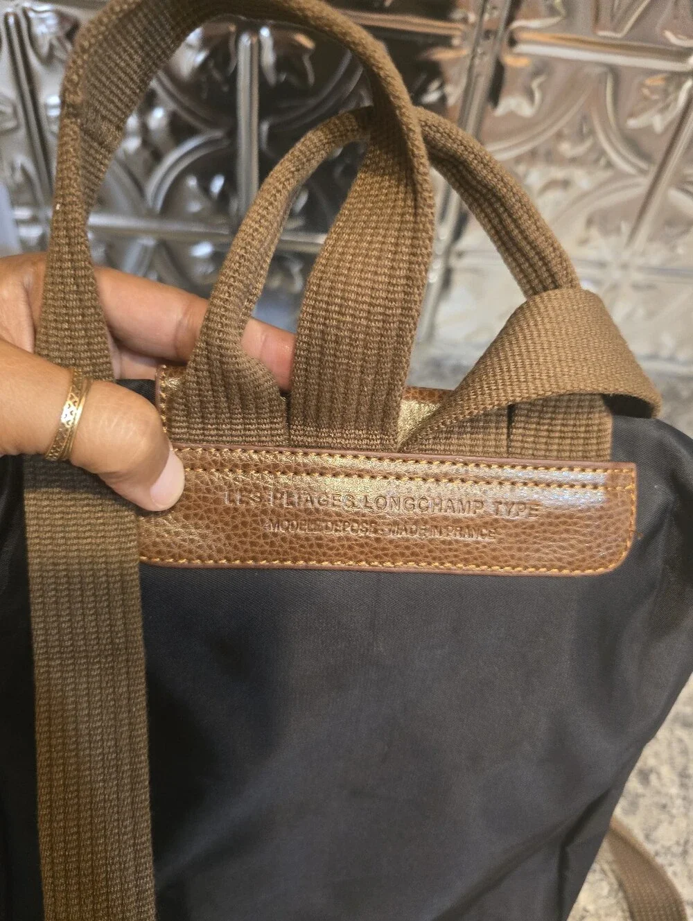 Longchamp Le Pliage Black Backpack Brown Trim Gold Hardware